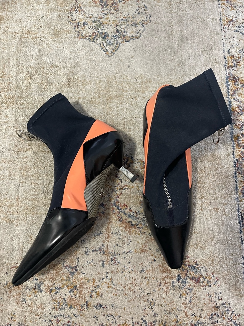 Versace Black and Coral Pointed Toe Sock Ankle Boots